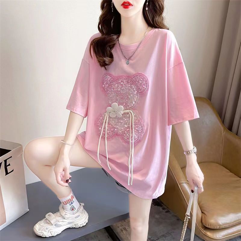 Áo Thun Tay Ngắn Dáng Rộng In Hình Gấu Hồng Thời Trang Mùa Hè 2022 Mới Cho Nữ