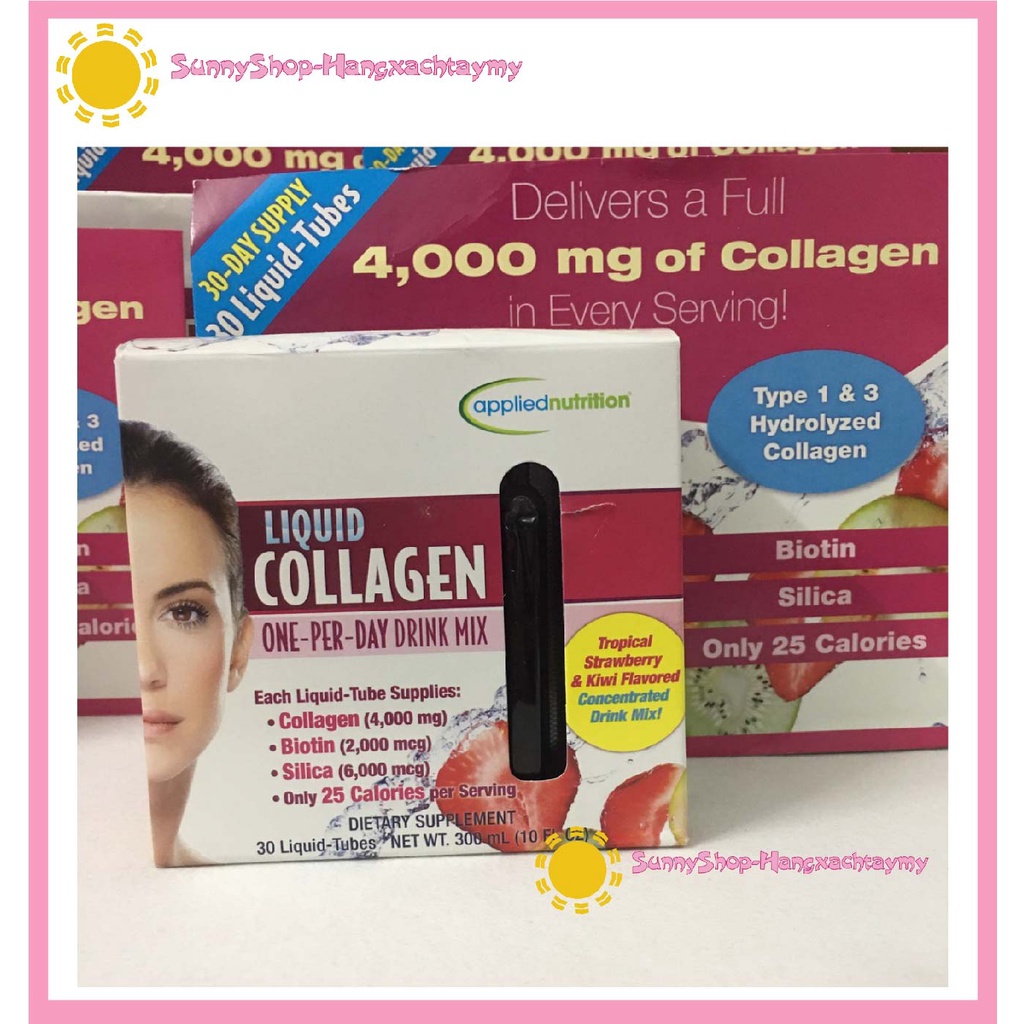 Hàng Mỹ Nước Uống Collagen Liquid APPLIED NUTRITION Làm Đẹp Da Chống Lão Hóa hộp 30 ống