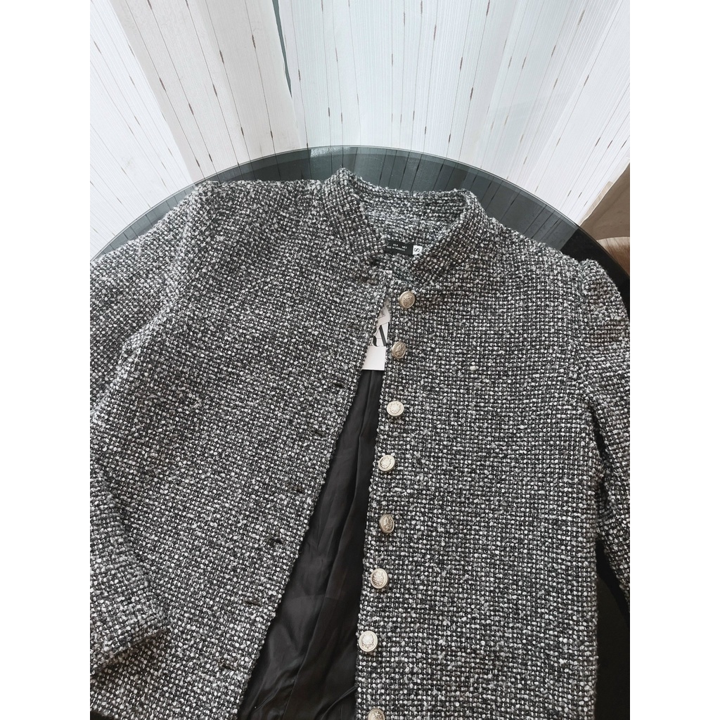 Áo khoác vest dạ xám tiêu cúc đồng 2 lớp cho nữ AKN061