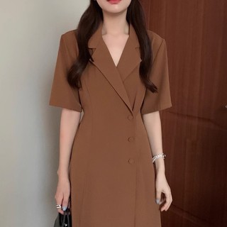 Đầm chic cổ vest ngắn tay dáng suông đen mơ nâu thời trang ulzzang Hàn Quốc
