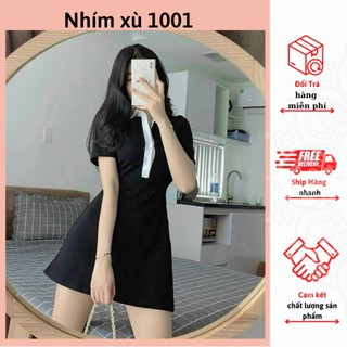 (ảnh thật) Đầm Polo Phối Viền Cổ Trắng Dáng Xòe Nhẹ Tôn Dáng Co Giãn 4 chiều