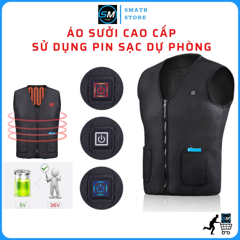 Áo sưởi ấm Ghile bảo hành 12 THÁNG(5,9 miếng sưởi)sử dụng pin dự phòng,Có điều chỉnh nhiệt độ từ 25- 45 độ.