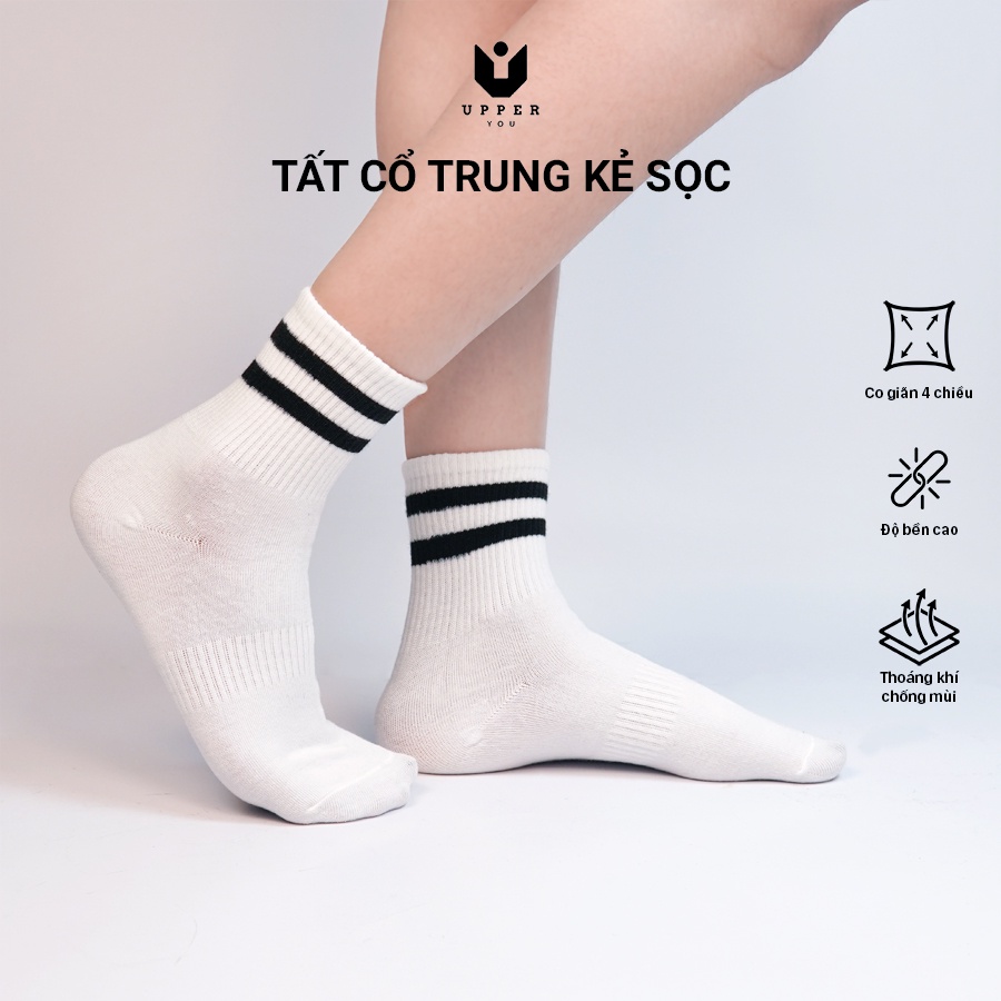 Combo 3 đôi Tất Nữ cổ trung kẻ sọc UPPER YOU, chất liệu cotton cực tốt, mang lại thoải mái khi hoạt động