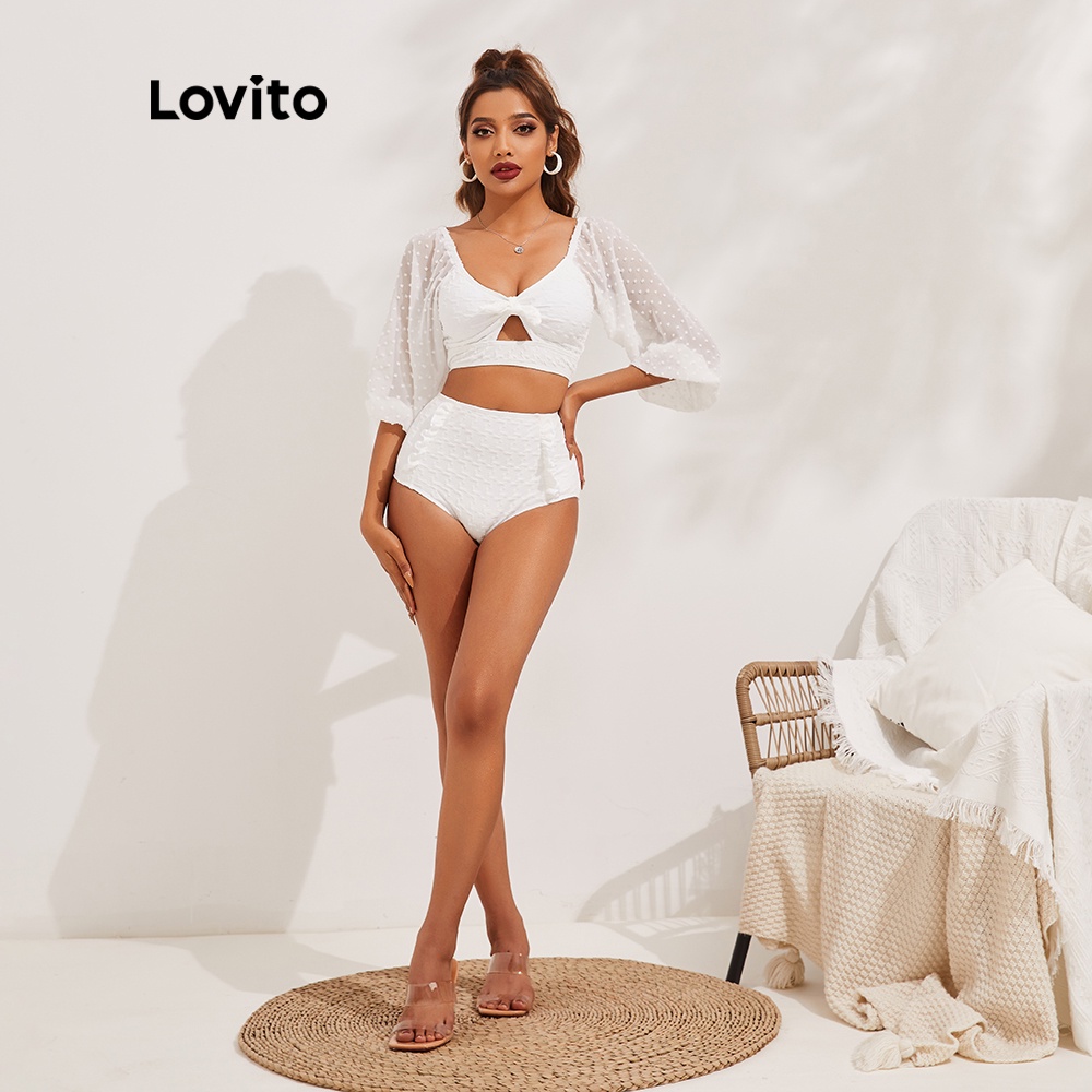 Bikini Lovito màu trơn dáng ôm khoét rỗng đính nơ phong cách Boho L13X118 (Màu trắng)