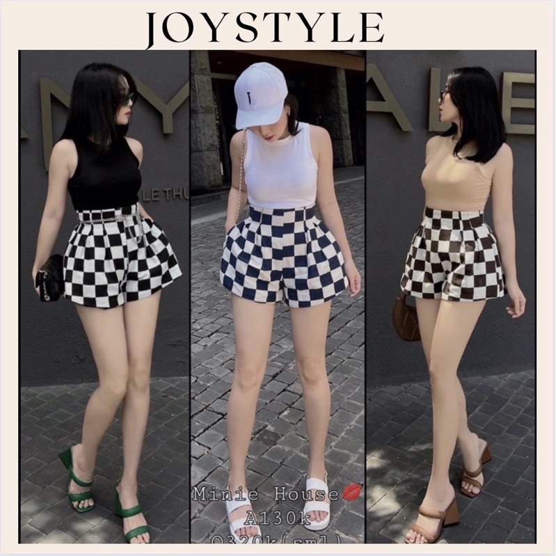 Quần Short Đùi Kẻ Caro Cạp Cao JOYSTYLEVN Hàng Chuẩn Thiết Kế Có Áo 3 Lỗ Kèm Set