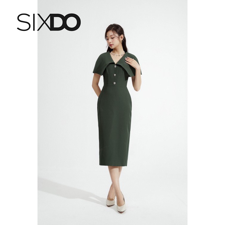 Đầm tuýt xi dáng bút chì cổ V thanh lịch SIXDO (Dark Green Cape Midi Dress)