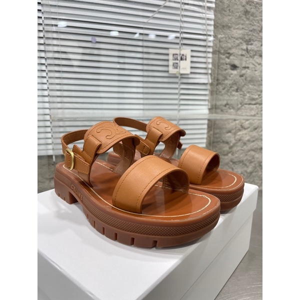 Sandal nữ đế cao màu trơn đơn giản da thật mãu mới 2023 Celine cao cấp