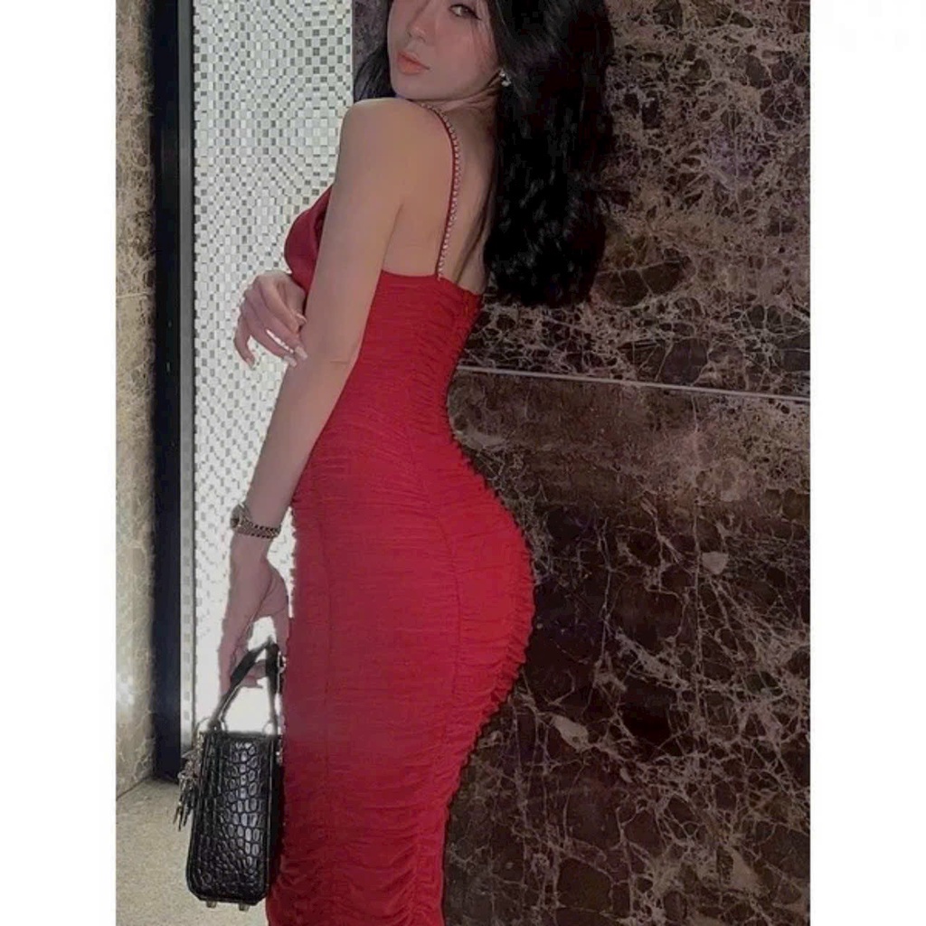 Đầm 2 dây body nhún  nơ ngực fom chuẩn tôn dáng