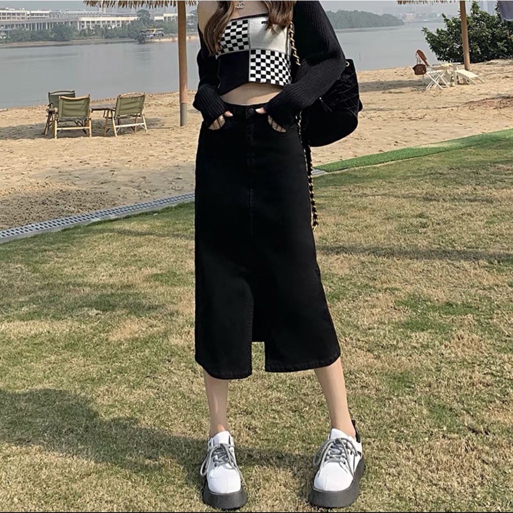 Chân váy Jeans cạp cao dáng dài xẻ trước có túi phong cách Ulzzang trẻ trung