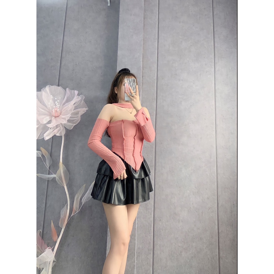 Áo thun nữ đi chơi tay dài trễ vai chất thun xốp mềm dáng ngắn phối dây choàng cổ kiểu tà nhọn xinh hot