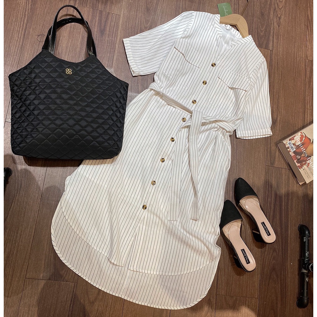 Đầm sơ mi linen kẻ Lalastyle