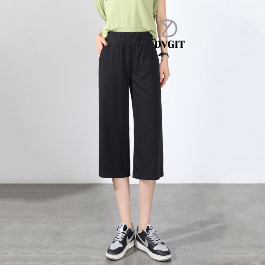 Quần Nữ Lửng DVGIT Chất Liệu Tăm Gân Màu Đen Thiết Kế Kiểu Lửng Form Dáng Quần Ống Rộng Cạp Chun Co Giãn, Cạp Cao Trên R | BigBuy360 - bigbuy360.vn