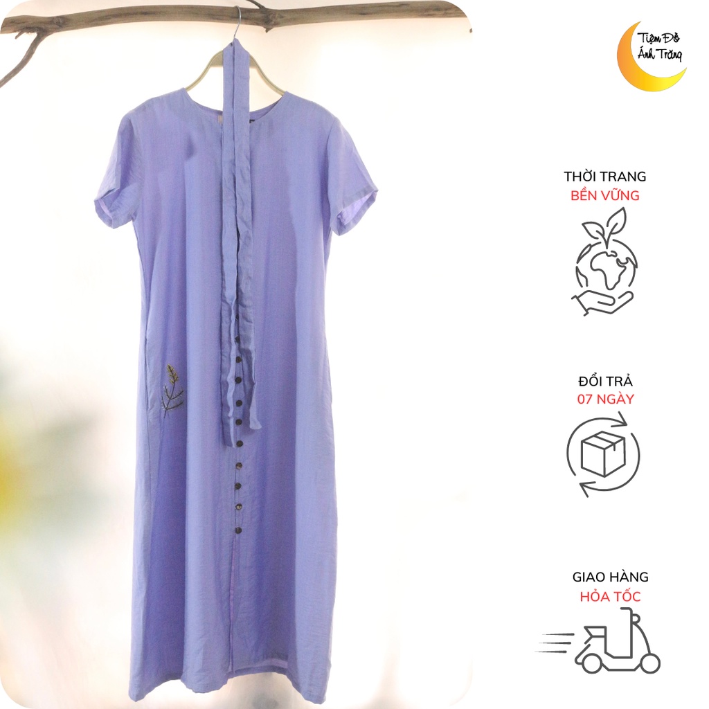Đầm Mộc chất liệu đũi Nhật, thêu tay, hàng nút gỗ phía trước (tím)