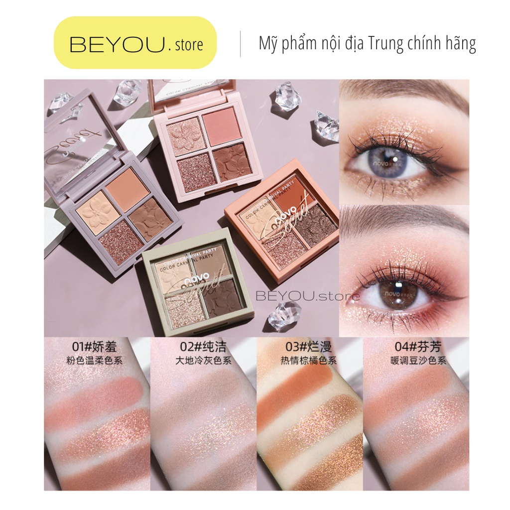 Bảng Phấn Mắt Novo 4 Ô, Màu Lì Và Nhũ Màu Sắc Tự Nhiên, Bền Màu Lâu Trôi, Phấn Makeup Mắt Novo