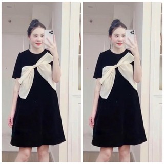 Đầm suông nơ chéo, váy đũi đính nơ to cổ tròn dáng rộng cộc tay mặc thanh lịch bầu xinh