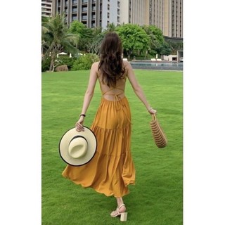 Đầm váy maxi đan dây lưng vàng tươi đi biển