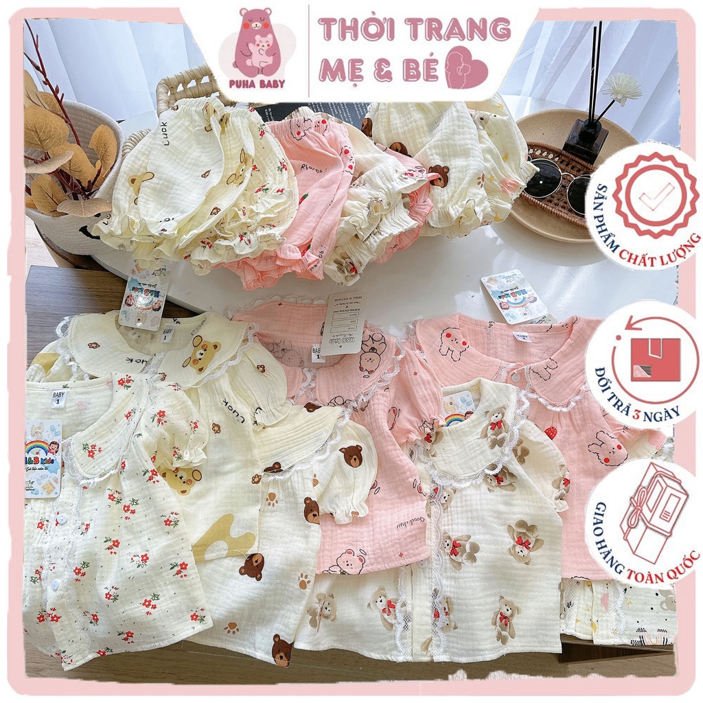 Bộ xô Muslin cho bé gái (6-16kg)⚡Bộ cộc họa tiết xinh xắn cho bé gái⚡Bộ Pijama xô muslin cho bé gái⚡Bộ cộc xô Muslin