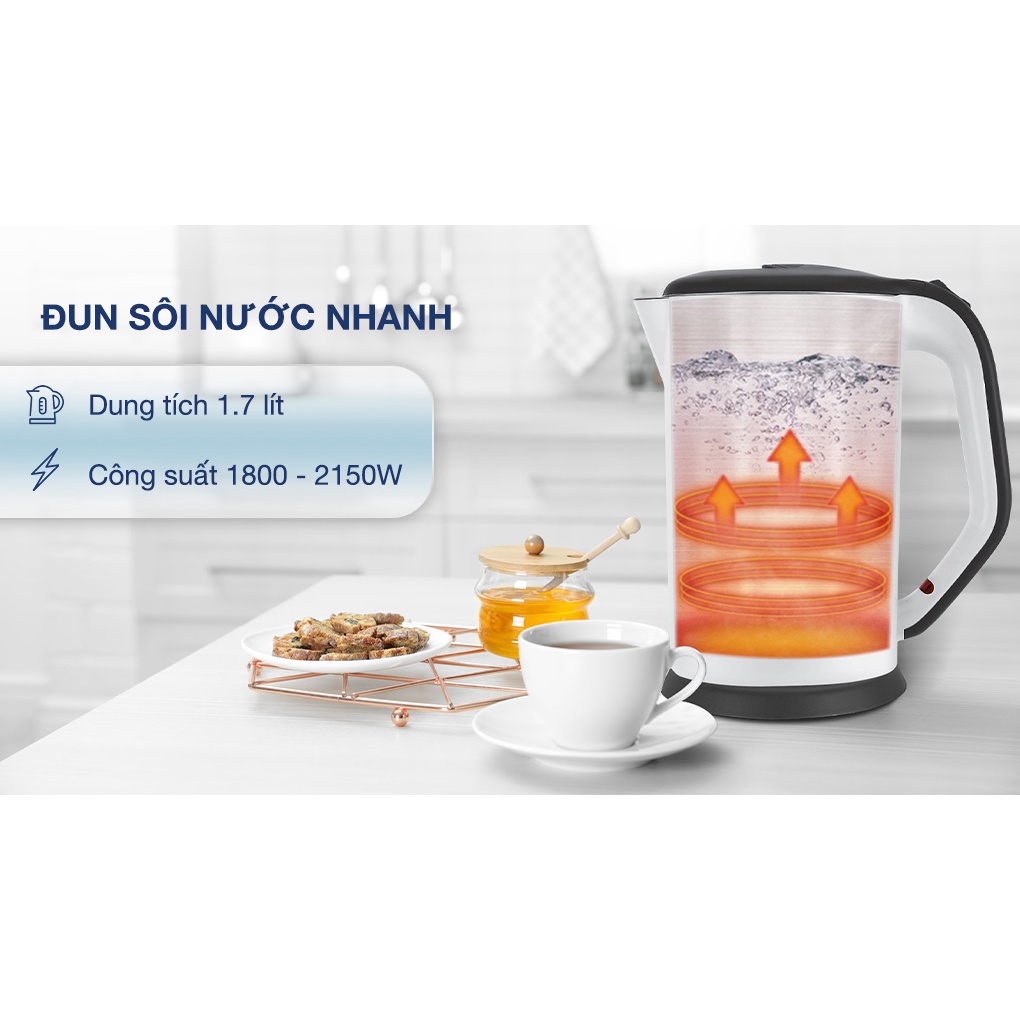 Ấm Đun Siêu Tốc Lock&Lock 2 Lớp EJK738WHT  - Hàng Chính Hãng, Bảo Hành 12 Tháng