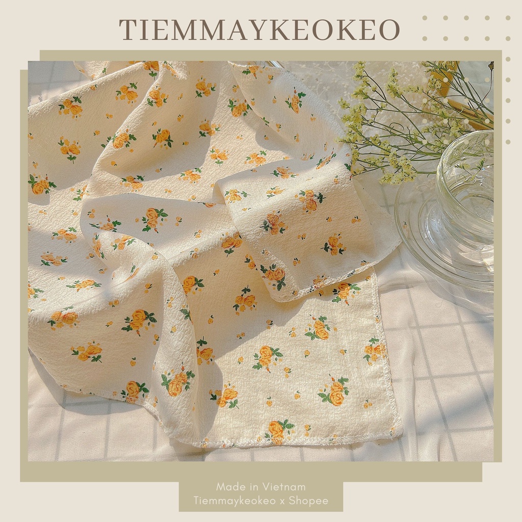 Khăn vải bandana TIEMMAYKEOKEO kích thước 50x50cm vải mềm hoạ tiết hoa hoa nhí tone nâu be ong thời trang nữ