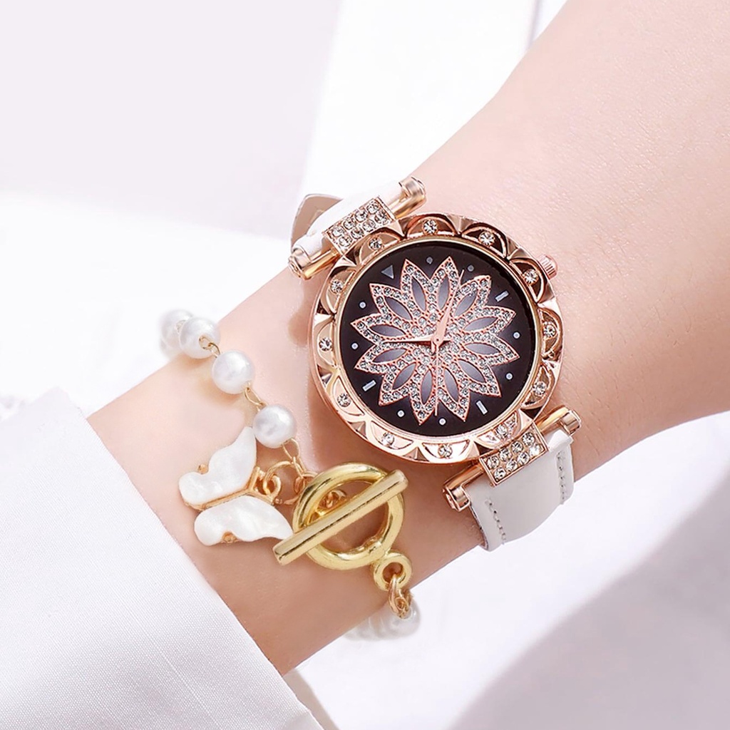 Đồng Hồ Quartz Nữ Mặt Đính Hột Xoàn Dây Da