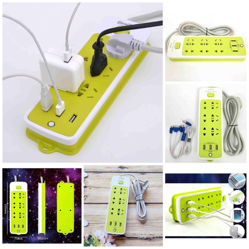Ổ Điện Xanh Lá Dài 1,5m Thiết Kế 6 Ổ Cắm 2 Chấu Và 3 Chấu, Tích Hợp 3 Cổng Usb Thông Minh, có Công Tắc On/Off Riêng Biệt