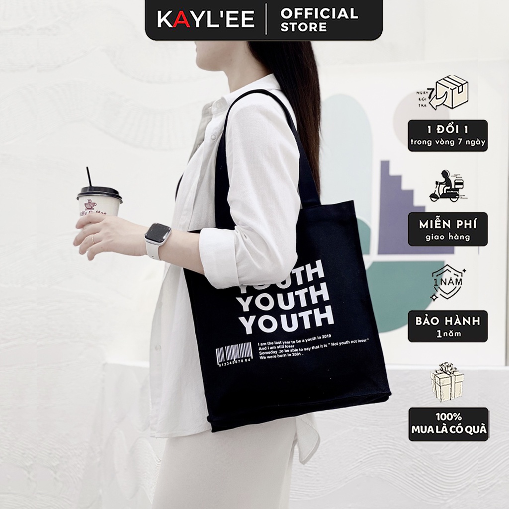 Túi Vải Canvas Thời Trang KAYLEE Thêu Chữ Youth Phong Cách Hàn Quốc KT33x33x12cm TCV11