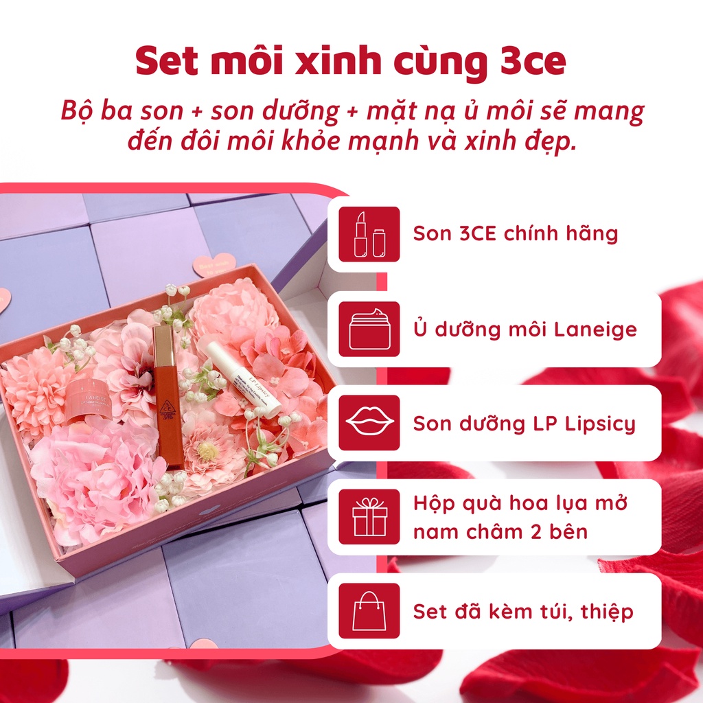 Set son 3ce quà 8/3 tặng mẹ, vợ, người yêu, bạn gái kèm hộp hoa sáp lụa và túi thiệp
