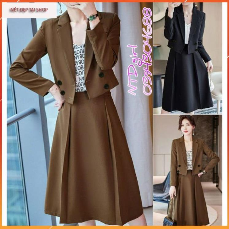 Hàng nhập - Set bộ vest nữ gồm áo blazer và chân váy xòe, sét đầm công sở tuyết lạnh đính 4 nút