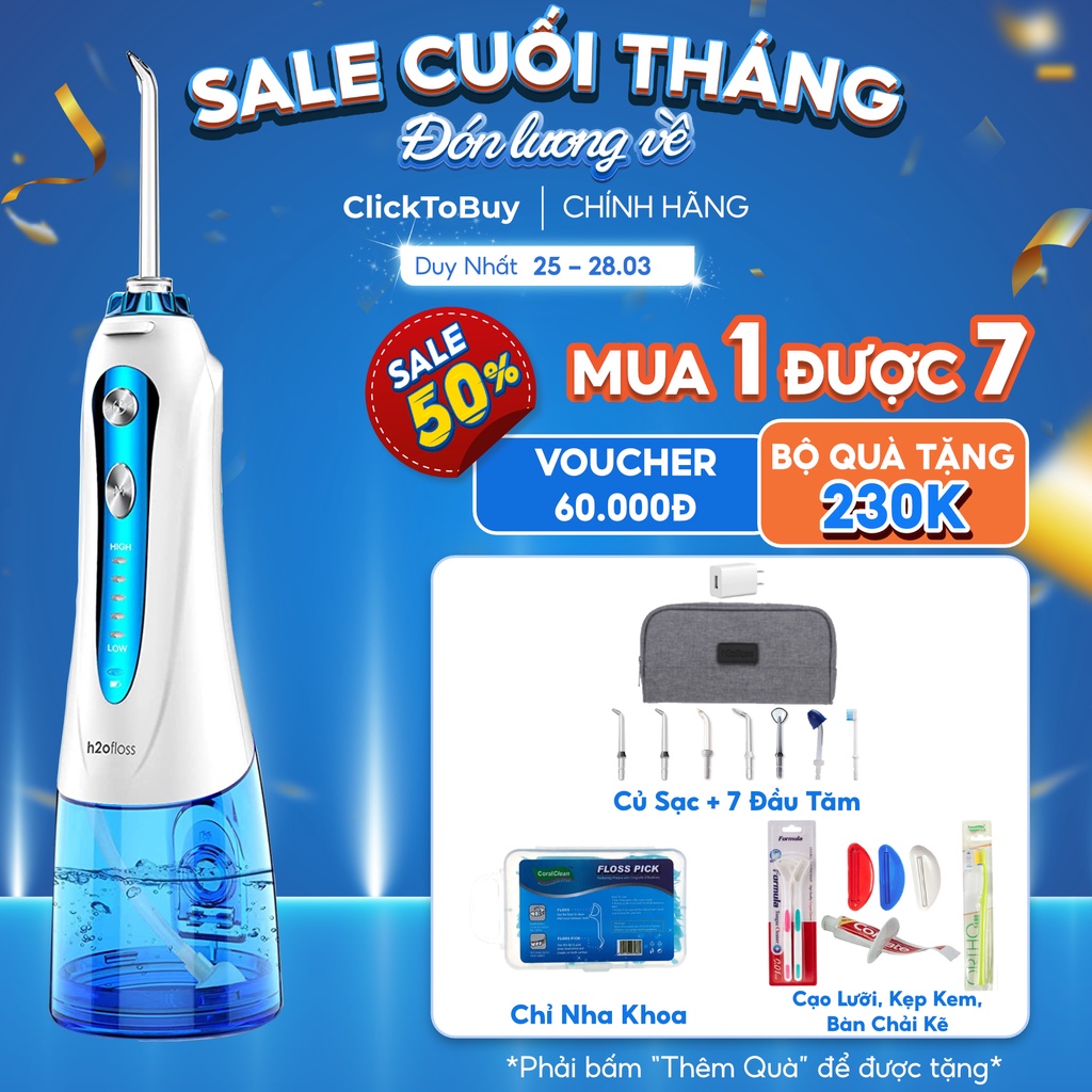 Tăm nước cầm tay H2ofloss HF9P. Dụng cụ vệ sinh răng miệng hoàn hảo tặng kèm củ sạc nguồn thấp