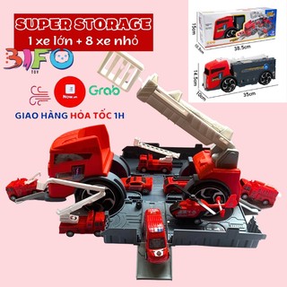 Đồ chơi Super Storage xe tải vận chuyển xe ô tô cứu hỏa cỡ lớn chở 4-8 máy bay xe nhỏ có gara cần cẩu quà tặng bé trai