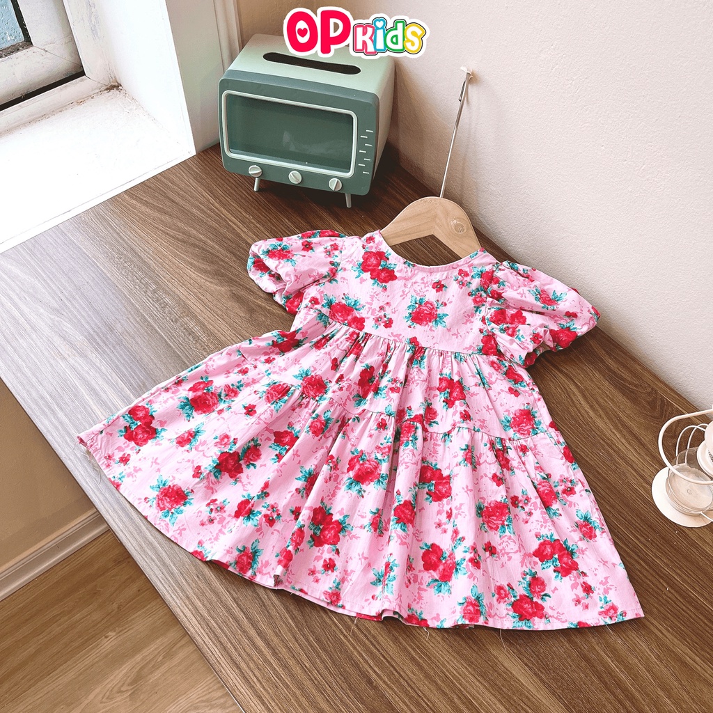 Đầm Công Chúa Tay Ngắn OP KIDS 2061, Váy cho bé gái 2 tùng hoa hồng và hoa xanh thời trang hè 2023 dễ thương cho bé gái