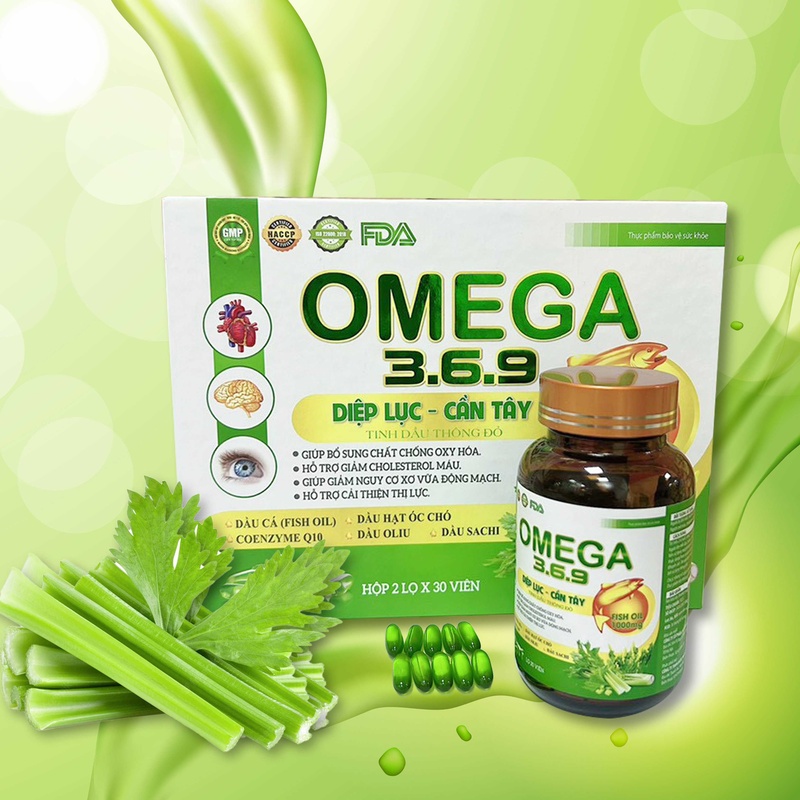 Omega 369 Diệp lục, cần tây, tinh dầu thông đỏ tăng cường thị lực, giảm xơ vữa động mạch ( Hộp 2 lọ x 30 viên )