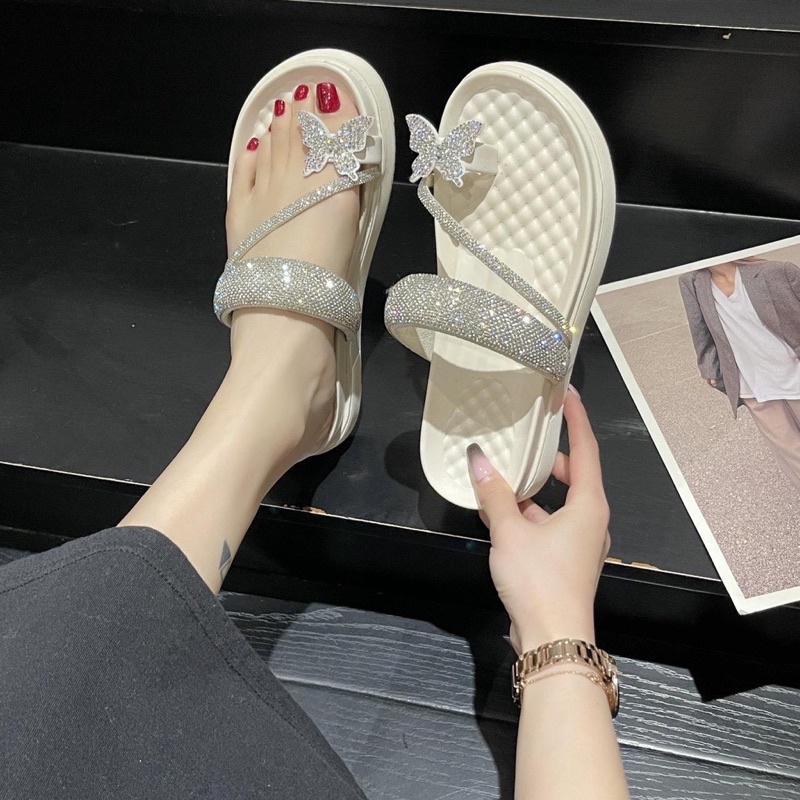 Dép quai ngang thời trang đính đá, Dép nữ đế bánh mì