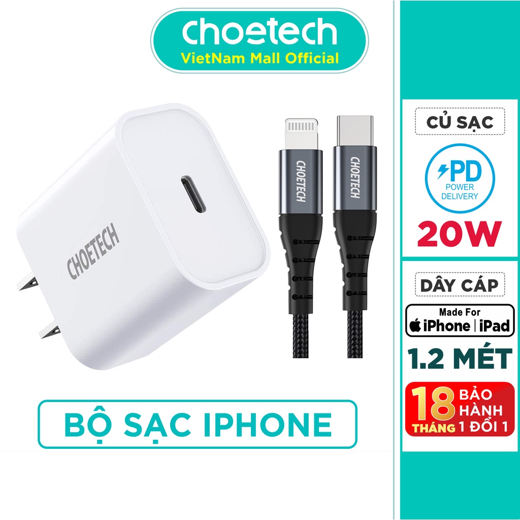 Bộ Củ Sạc CHOETECH PD 3.0 20W PD5005-W + Cáp Type C To Lightning MFI Apple 1.2M IP0039 Sạc Nhanh iPhone-Hàng Chính Hãng