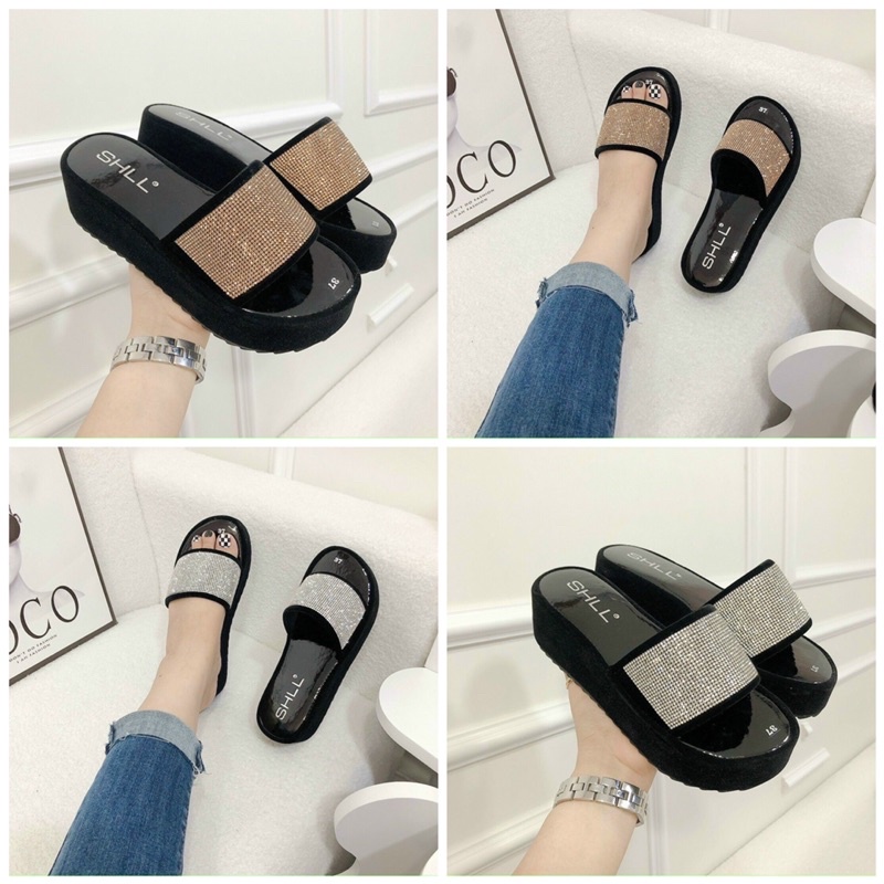 Dép đế xuồng nhung cao 5cm quai bản ngang đính đá