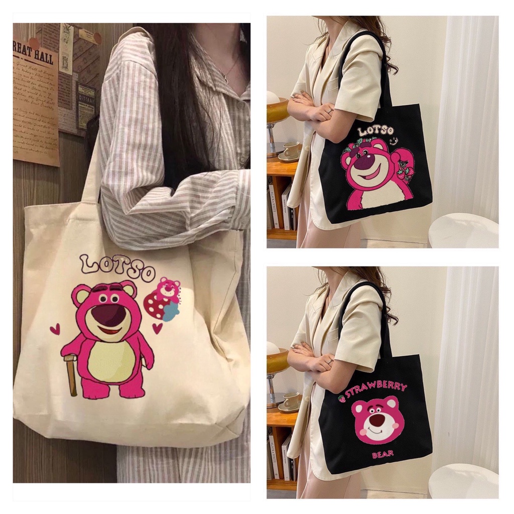 Túi tote gấu dâu túi vải canvas phong cách Hàn quốc có khóa miệng ngăn phụ bên trong thời trang ulzzang-Haka store | BigBuy360 - bigbuy360.vn