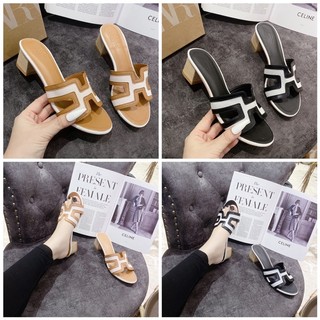 Dép Guốc nữ quai chữ H phối lưới Gót Vuông cao 5cm