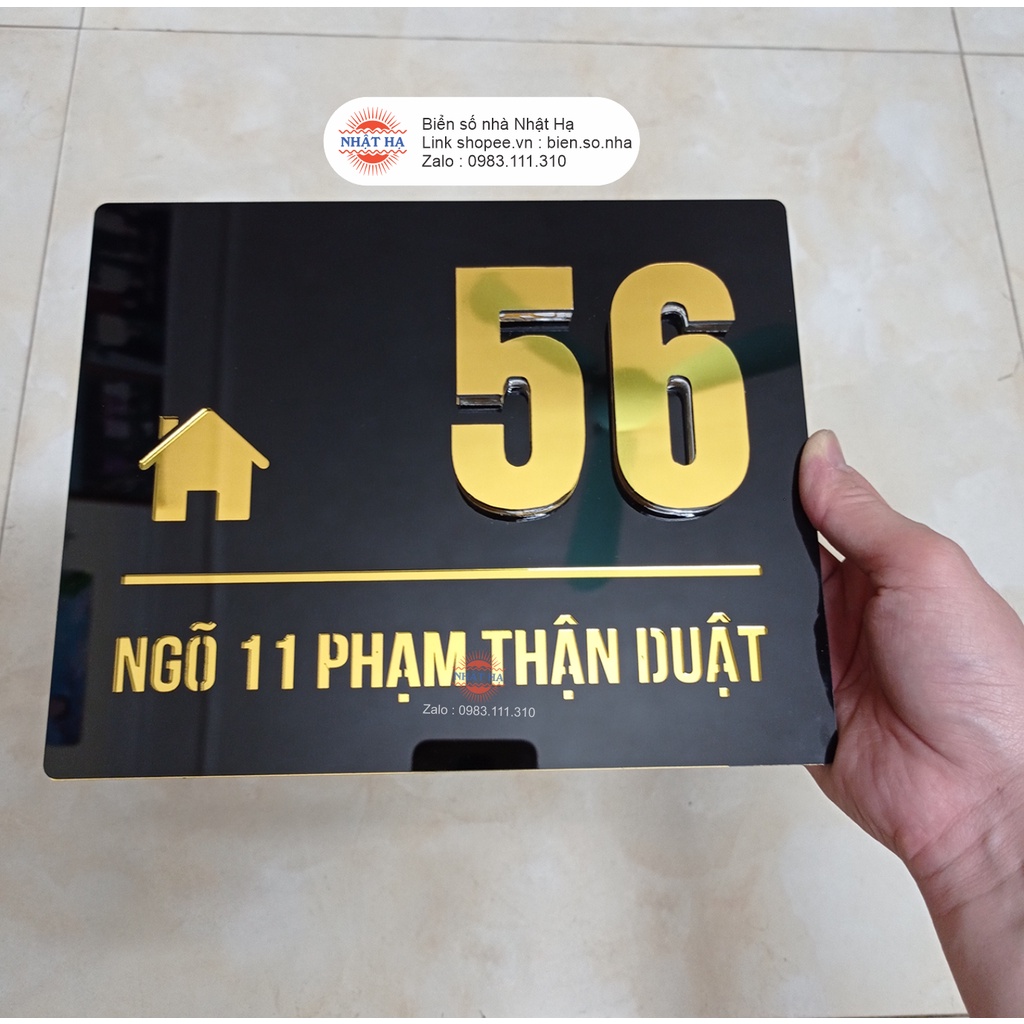 BIỂN SỐ NHÀ Alu Gương vàng + Mica Đen, Số nổi 1cm Ngoài trời sang trọng.