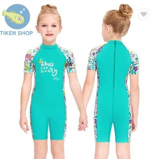Đồ bơi bé gái kèm nón màu xanh lá cây, viền hoa