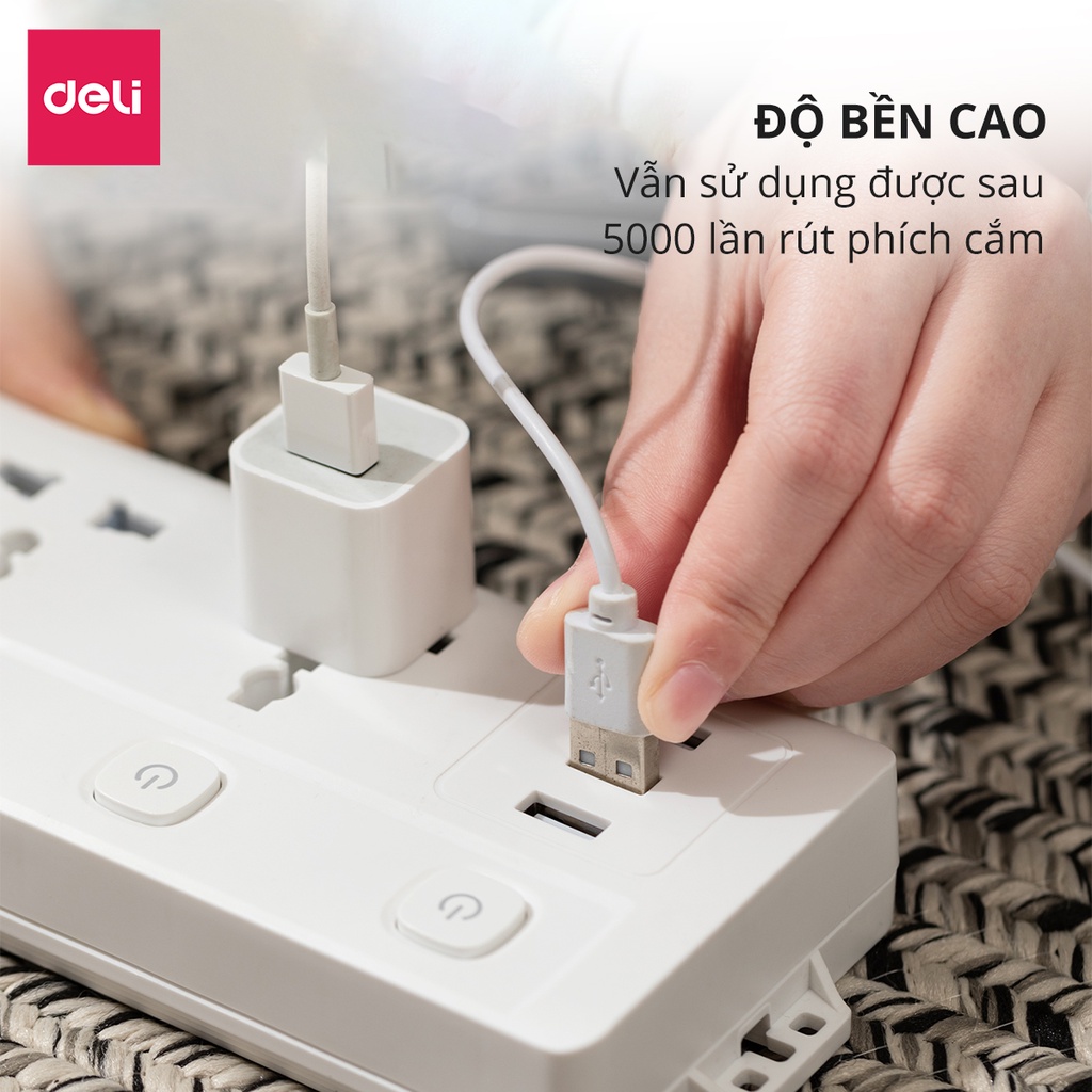 Ổ Cắm Điện Tích Hợp Cổng USB Đa Năng Deli, 2-6 Lỗ Cắm Đầu 3 Công Suất 2500W, Dây 2-5M Tiện Dụng, An Toàn, Chống Cháy Nổ