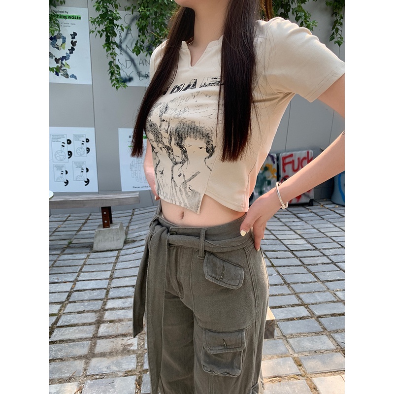 Áo Croptop Tay Ngắn In Họa Tiết Phong Cách Retro Mỹ Quyến Rũ Cho Nữ