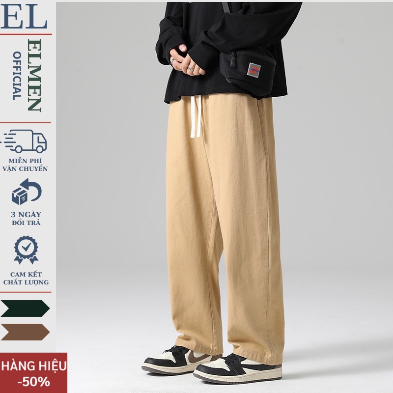 Quần Kaki Nam Baggy Ống Suông Basic Unisex - Kiểu quần baggy nam ống rộng màu đen và be Elmen hottrend 2023