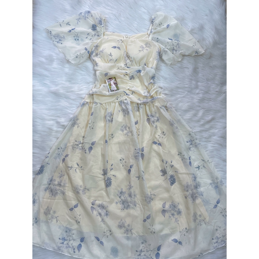 Váy đầm nữ chất liệu voan họa tiết cổ vuông tay xòe xếp ly eo có mút cho các tình yêu siêu xinh