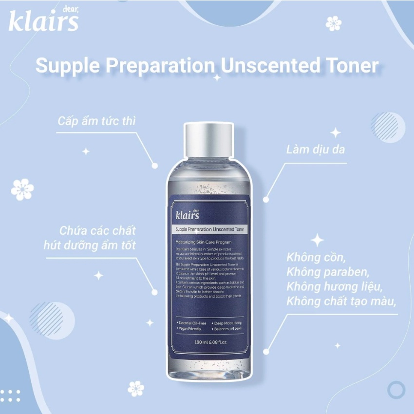 Nước Hoa Hồng Không Mùi Dear Klairs Supple Preparation Unscented Toner 180ml