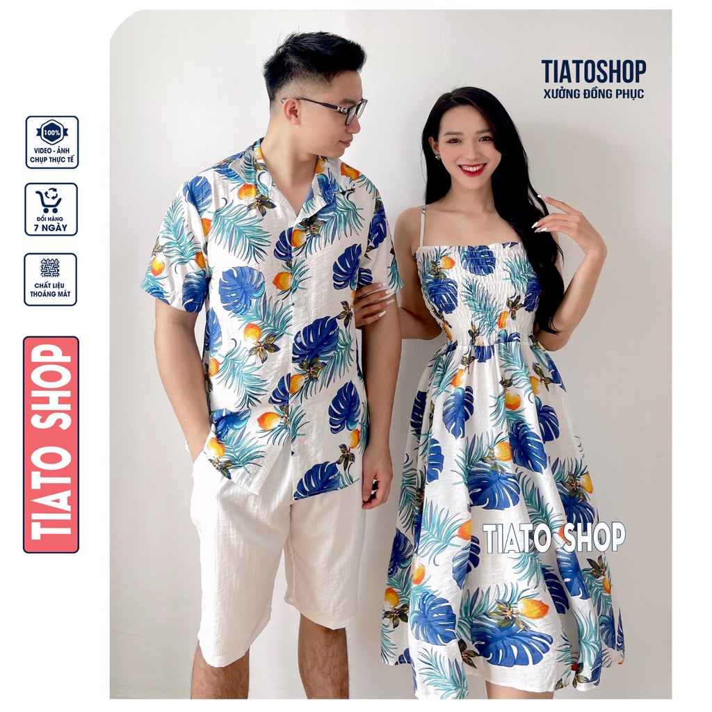 Set Đôi Áo hoa lá, Váy đầm Đi Biển, đồ đôi đi biển, nhóm nam nữ, mẹ và bé, sơ mi hoạ tiết trái cây