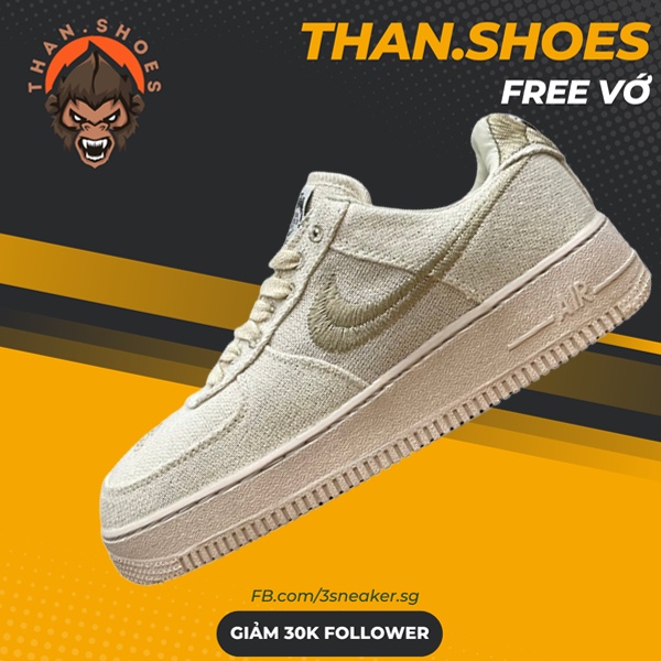 Giày Air Force 1 Low Stussy Fossil, AF1 Vải Canvas - Than.Shoes
