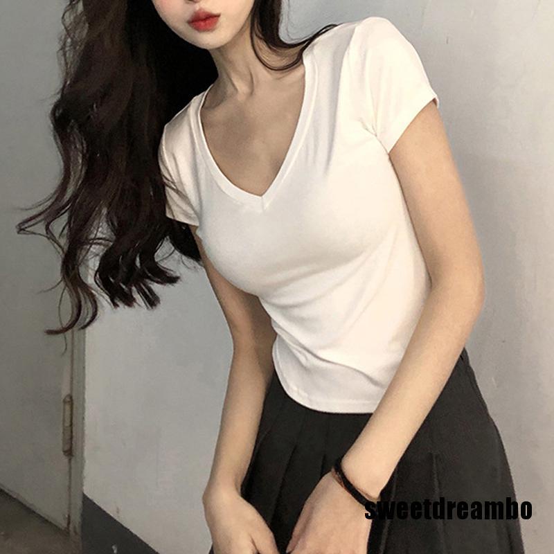 Áo Thun Tay Ngắn Cổ Chữ V Màu Trơn Thiết Kế Độc Đáo Thời Trang Mùa Hè Cho Nữ