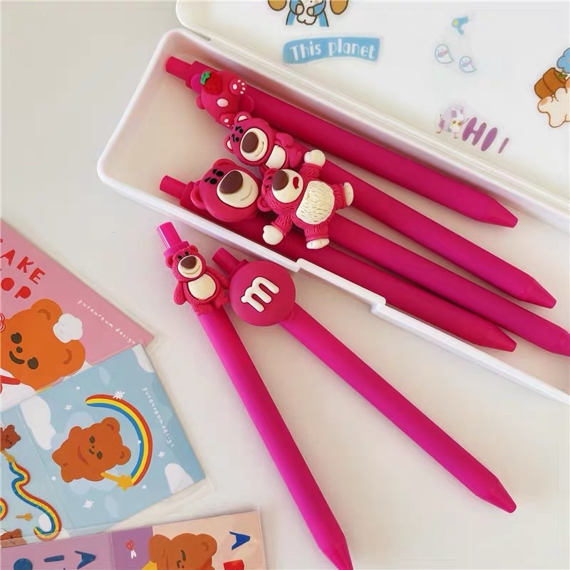 Set 7 chiếc bút gấu dâu tây lotso cute kèm sticker gấu dễ thương tập viết