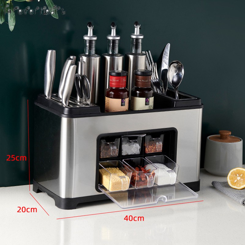 Kệ gia vị nhà bếp kèm giá dao, đũa, thìa inox 304 cao cấp1