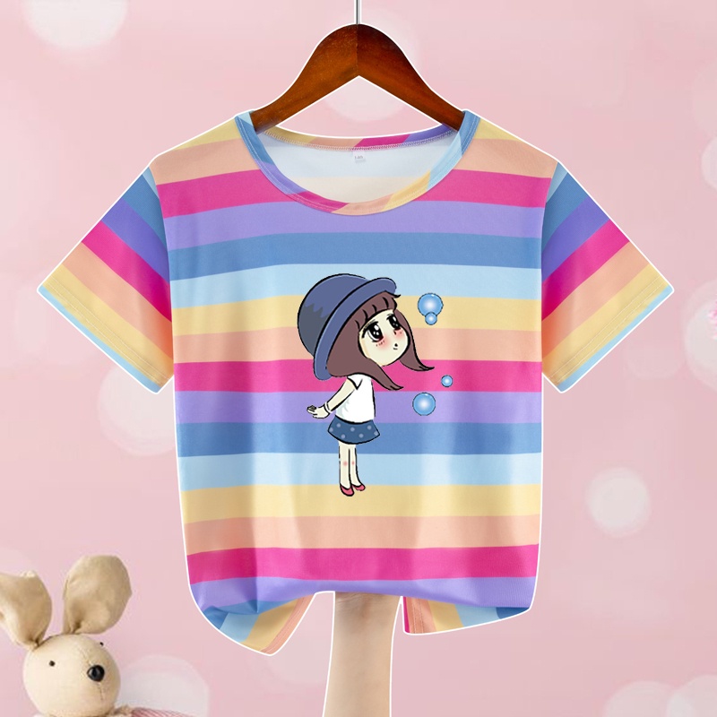 Áo Thun Unisex Bằng Lụa Lạnh Màu Cầu Vồng Cho Bé Gái